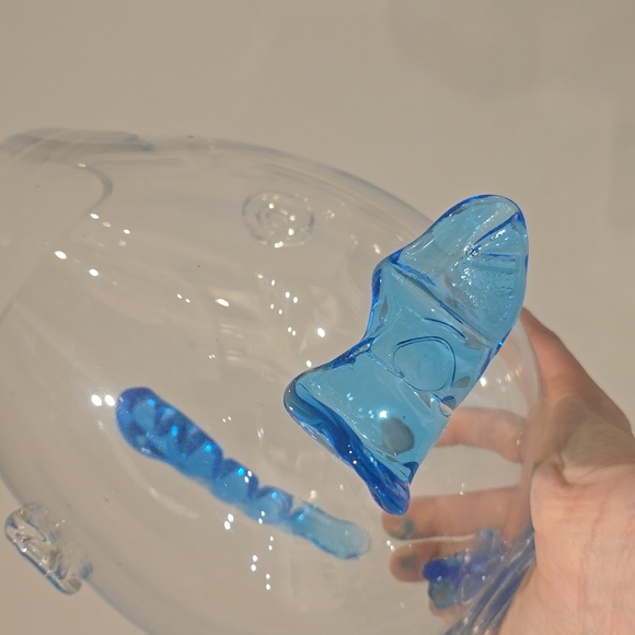 Mid Century Modern Handblown Turquoise Blue & Clear Art Glass Fish Bowl Vase - Picture 3 of 4